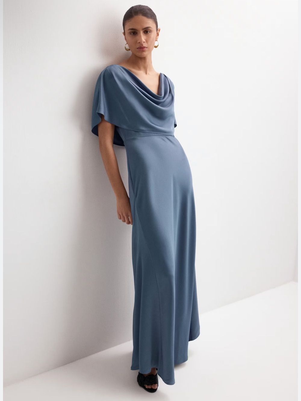Mango MNG Draped Neck Satin Cowl Blue Maxi Bias Dress in Blue Size 4